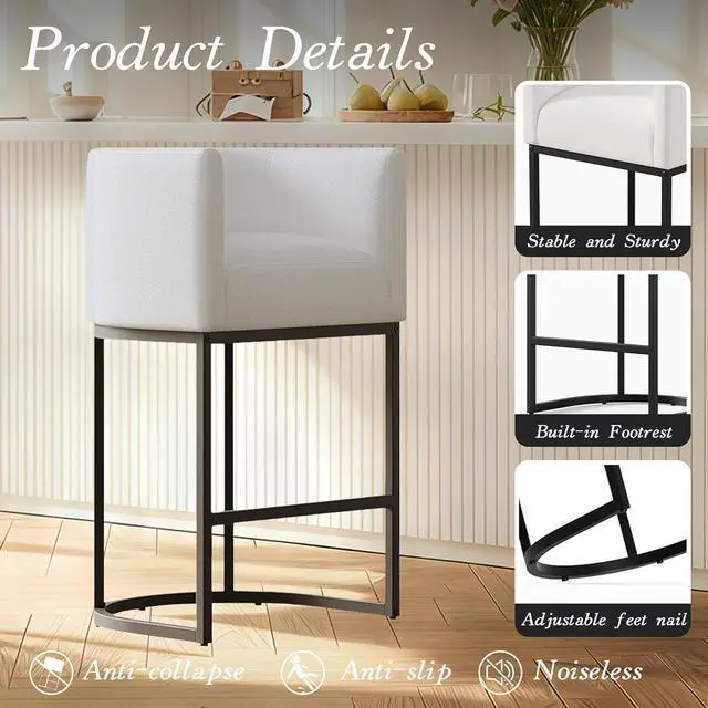 Alt view image 6 of 7 - Modern Counter Height Bar Stools,Bar Stools Set of 3,Fabric Upholstered Barrel Barstools with Backs,26'' Kitchen Island Chairs,Metal Black Frames,Snowy White Linen