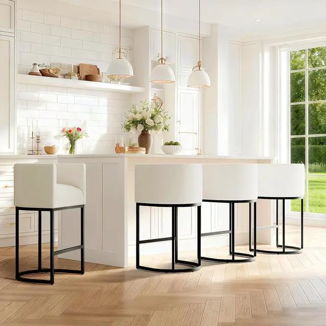 Alt view image 7 of 7 - Modern Counter Height Bar Stools,Bar Stools Set of 3,Fabric Upholstered Barrel Barstools with Backs,26'' Kitchen Island Chairs,Metal Black Frames,Snowy White Linen