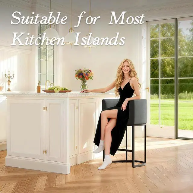 Alt view image 3 of 7 - Modern Counter Height Bar Stools,Bar Stools Set of 2,Fabric Upholstered Barrel Barstools with Backs,26'' Kitchen Island Chairs,Metal Black Frames,Dark Grey Linen