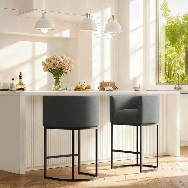 Main image of Modern Counter Height Bar Stools,Bar Stools Set of 2,Fabric Upholstered Barrel Barstools with Backs,26'' Kitchen Island Chairs,Metal Black Frames,Dark Grey Linen