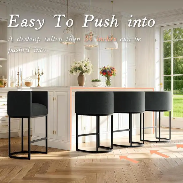 Alt view image 4 of 7 - Modern Counter Height Bar Stools,Bar Stools Set of 2,Fabric Upholstered Barrel Barstools with Backs,26'' Kitchen Island Chairs,Metal Black Frames,Dark Grey Linen