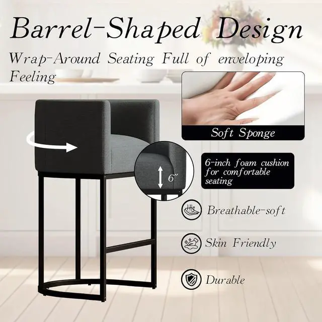 Alt view image 5 of 7 - Modern Counter Height Bar Stools,Bar Stools Set of 2,Fabric Upholstered Barrel Barstools with Backs,26'' Kitchen Island Chairs,Metal Black Frames,Dark Grey Linen