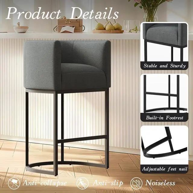 Alt view image 6 of 7 - Modern Counter Height Bar Stools,Bar Stools Set of 2,Fabric Upholstered Barrel Barstools with Backs,26'' Kitchen Island Chairs,Metal Black Frames,Dark Grey Linen
