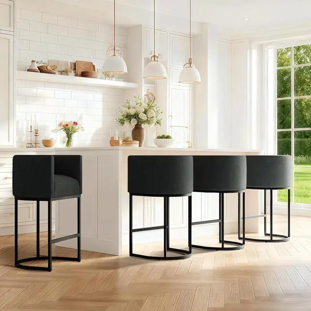Alt view image 7 of 7 - Modern Counter Height Bar Stools,Bar Stools Set of 2,Fabric Upholstered Barrel Barstools with Backs,26'' Kitchen Island Chairs,Metal Black Frames,Dark Grey Linen