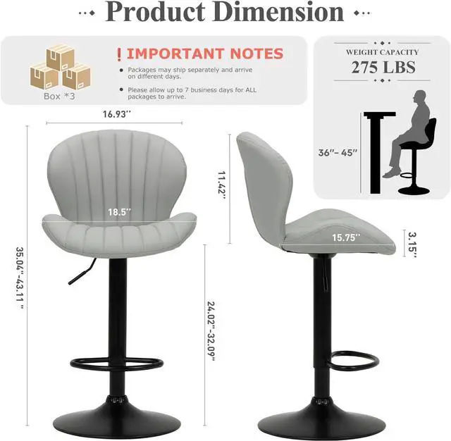 Alt view image 2 of 7 - COLAMY Bar Stools Set of 6, Modern Swivel Bar Chairs, Adjustable Faux Leather Upholstered Barstools Counter Height with High Backrest for Bar, Kitchen Island, Dining Room, Grey