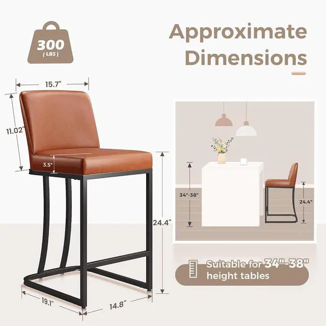 Alt view image 2 of 7 - MAISON ARTS Counter Height Bar Stools with Back Set of 4 for Kitchen Counter, 24 Inch Modern Upholstered Faux Leather Barstools Farmhouse Bar Chairs Luxury Island Stools Support 330LBS, Brown