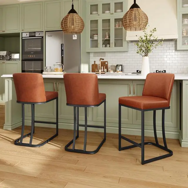 Alt view image 3 of 7 - MAISON ARTS Counter Height Bar Stools with Back Set of 4 for Kitchen Counter, 24 Inch Modern Upholstered Faux Leather Barstools Farmhouse Bar Chairs Luxury Island Stools Support 330LBS, Brown