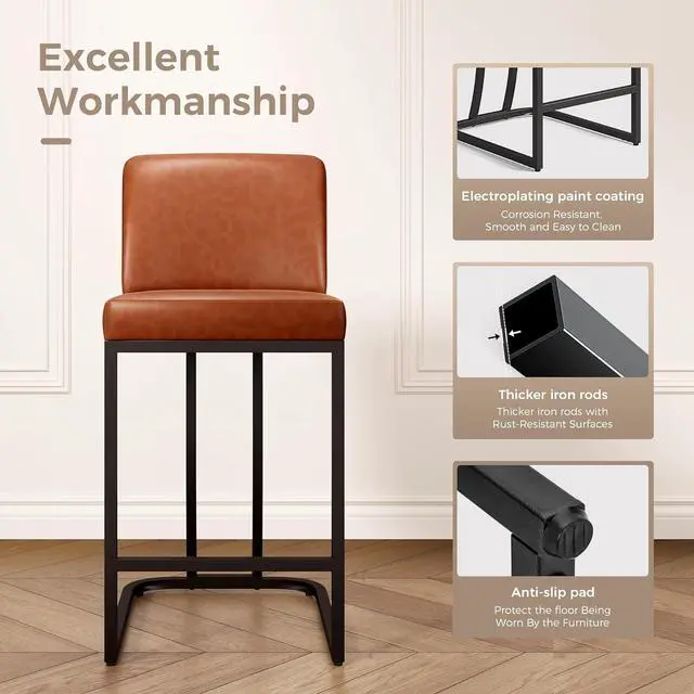 Alt view image 4 of 7 - MAISON ARTS Counter Height Bar Stools with Back Set of 4 for Kitchen Counter, 24 Inch Modern Upholstered Faux Leather Barstools Farmhouse Bar Chairs Luxury Island Stools Support 330LBS, Brown