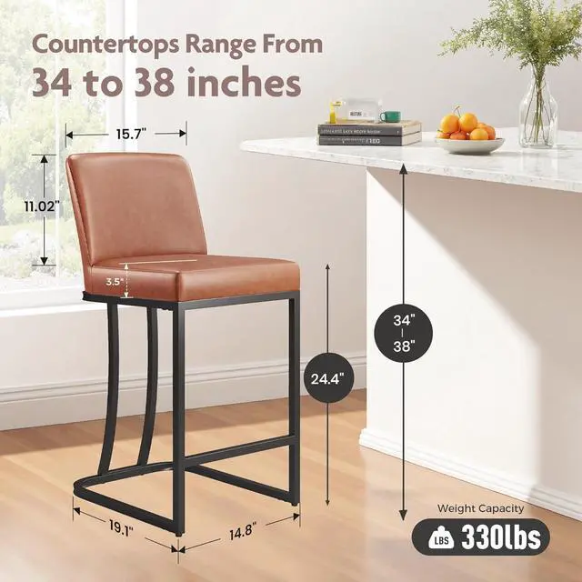 Alt view image 2 of 7 - ALPHA HOME Counter Stools with Backs, 24 inch Bar Stools for Kitchen Island, Upholstered PU Leather Bar Chair with footrest, Great for Coffee Shop, Kitchen, Dining Room, Brown