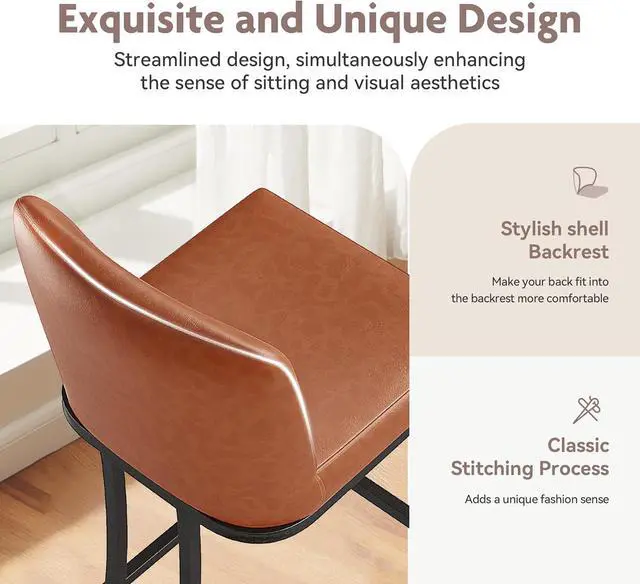 Alt view image 7 of 7 - ALPHA HOME Counter Stools with Backs, 24 inch Bar Stools for Kitchen Island, Upholstered PU Leather Bar Chair with footrest, Great for Coffee Shop, Kitchen, Dining Room, Brown