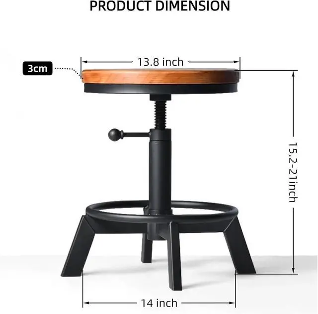 Alt view image 2 of 7 - Set of 2 Industrial Bar Stools Short Stool Swivel Wooden Seat Kitchen Island Chairs Counter Height Adjustable 15.2-21inch
