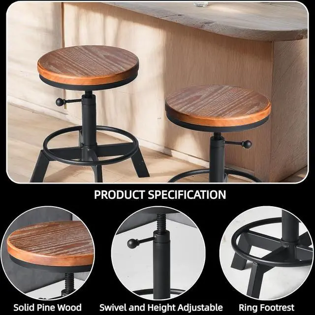 Alt view image 3 of 7 - Set of 2 Industrial Bar Stools Short Stool Swivel Wooden Seat Kitchen Island Chairs Counter Height Adjustable 15.2-21inch