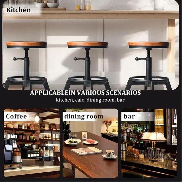 Alt view image 5 of 7 - Set of 2 Industrial Bar Stools Short Stool Swivel Wooden Seat Kitchen Island Chairs Counter Height Adjustable 15.2-21inch