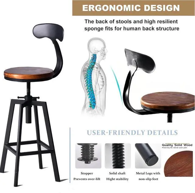 Alt view image 7 of 7 - Diwhy Industrial Bar Stools,Kitchen Dining Chair,Wood Top Stool,Adjustable Height Swivel Counter Height Bar Chair with Metal Backrest,Black,Fully Welded Set of 2 (Brown Wooden Top with Iron Backrest)