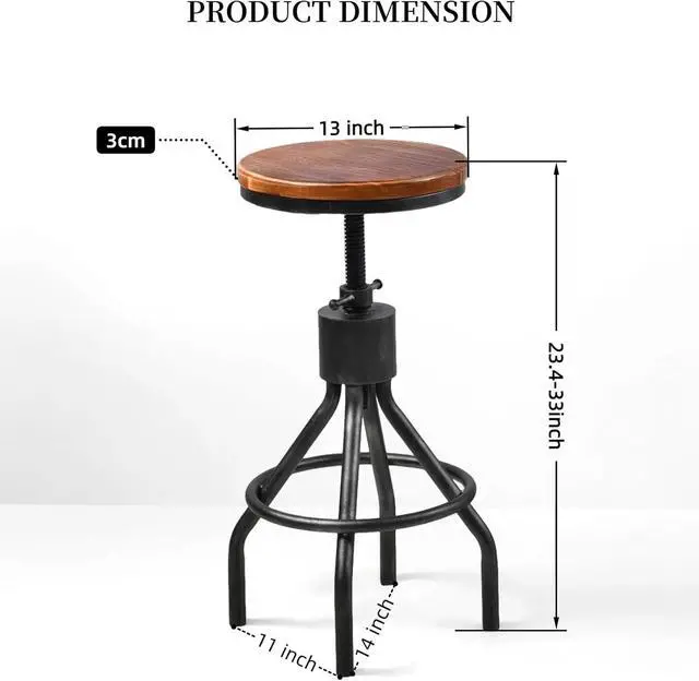 Alt view image 3 of 7 - Set of 2 Industrial Bar Stool-Vintage Counter Dining Chair-Swivel Stools-Tall Height Adjustable 22-33"