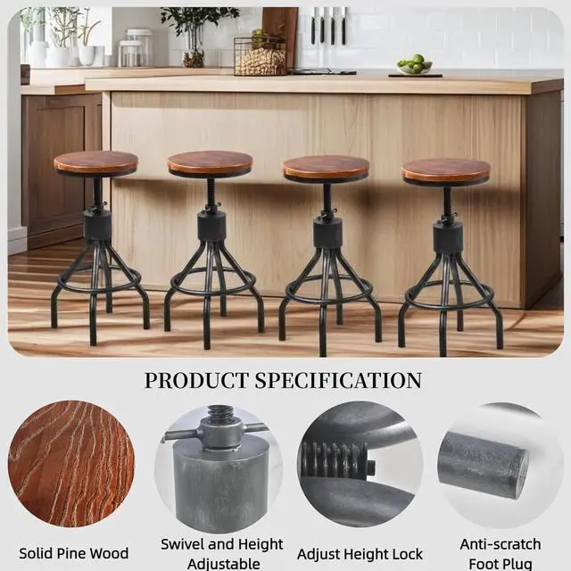 Alt view image 4 of 7 - Set of 2 Industrial Bar Stool-Vintage Counter Dining Chair-Swivel Stools-Tall Height Adjustable 22-33"