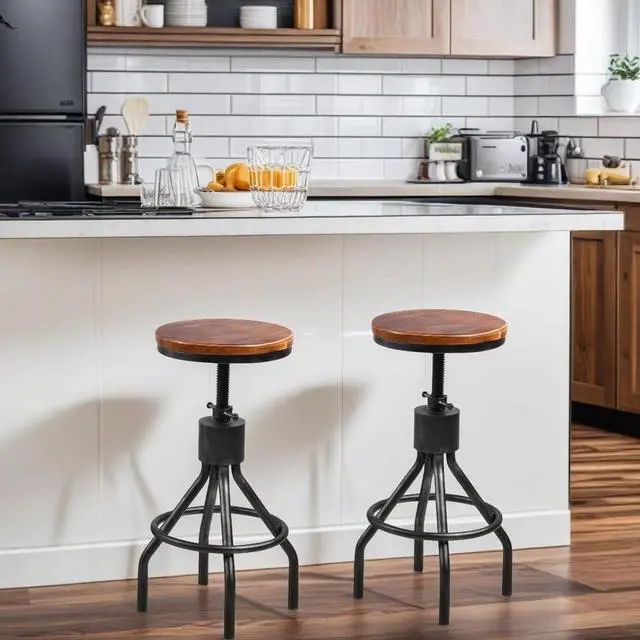 Alt view image 7 of 7 - Set of 2 Industrial Bar Stool-Vintage Counter Dining Chair-Swivel Stools-Tall Height Adjustable 22-33"