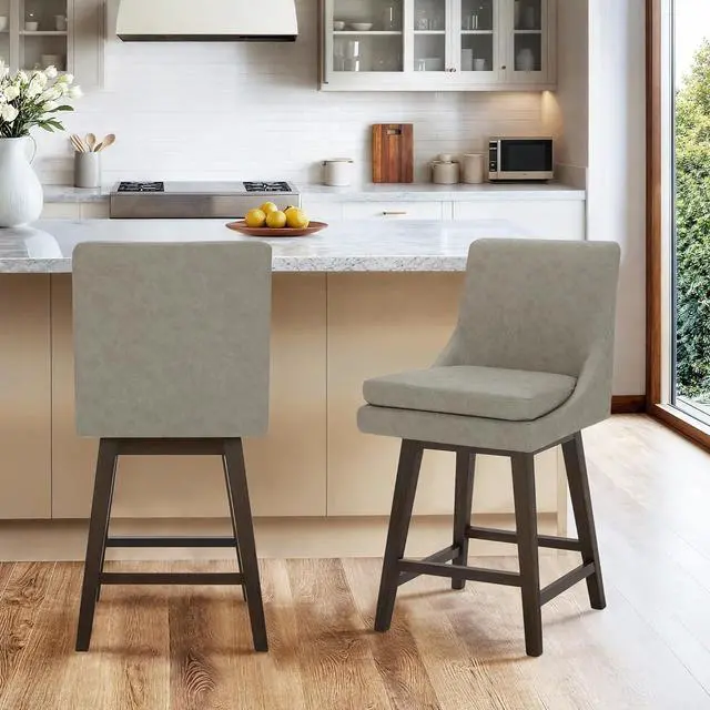 Alt view image 2 of 7 - CHITA Counter Height Swivel Barstool with Back Set of 2, FSC Certified Upholstered Faux Leather Swivel Bar Stool, 26.8" H Seat Height, PU Leather in Stone Gray