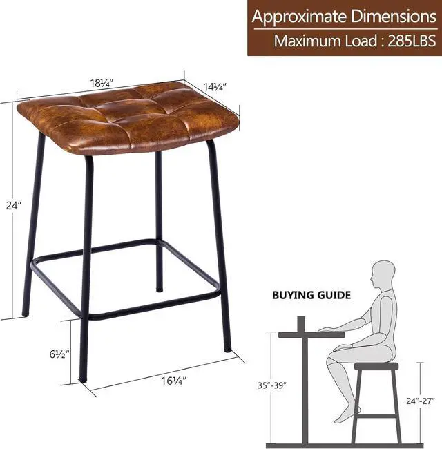 Alt view image 2 of 7 - DUHOME 24 Square Tufted Counter Bar Stools Set of 2, Breathable Faux Leather Upholstered Barstool with Footrest, Backless Stool for Kitchen Counter Island Bar, YellowishBrown