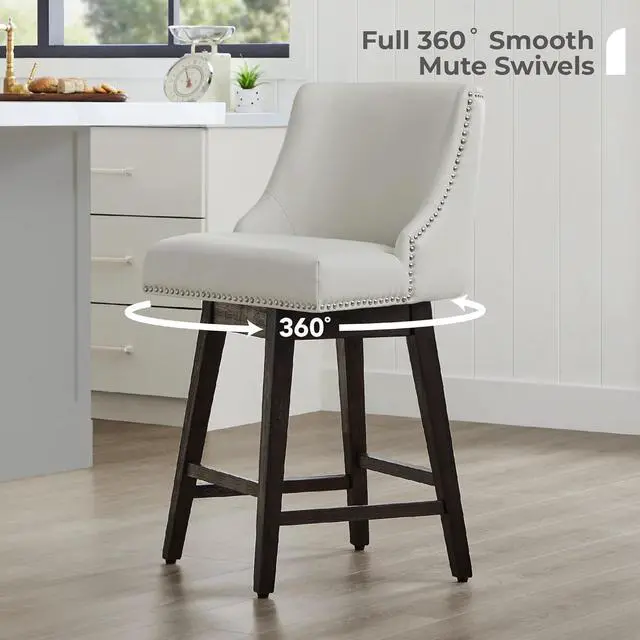 Alt view image 4 of 7 - CHITA Counter Height Swivel Bar Stools Set of 2, FSC Certified Upholstered Counter Stools, Modern Swivel Barstools with Wood Legs for Kitchen Island, 26" Seat Height, Faux Leather in Creamy Grey