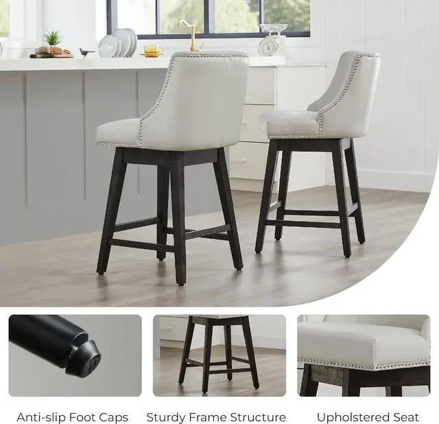 Alt view image 5 of 7 - CHITA Counter Height Swivel Bar Stools Set of 2, FSC Certified Upholstered Counter Stools, Modern Swivel Barstools with Wood Legs for Kitchen Island, 26" Seat Height, Faux Leather in Creamy Grey