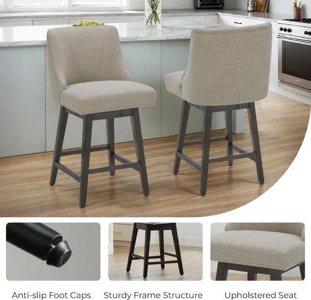 Alt view image 6 of 7 - CHITA Counter Height Swivel Bar Stools Set of 2, FSC Certified Upholstered Counter Stools, Modern Swivel Barstools with Wood Legs for Kitchen Island, 26" Seat Height, Fabric in Tan