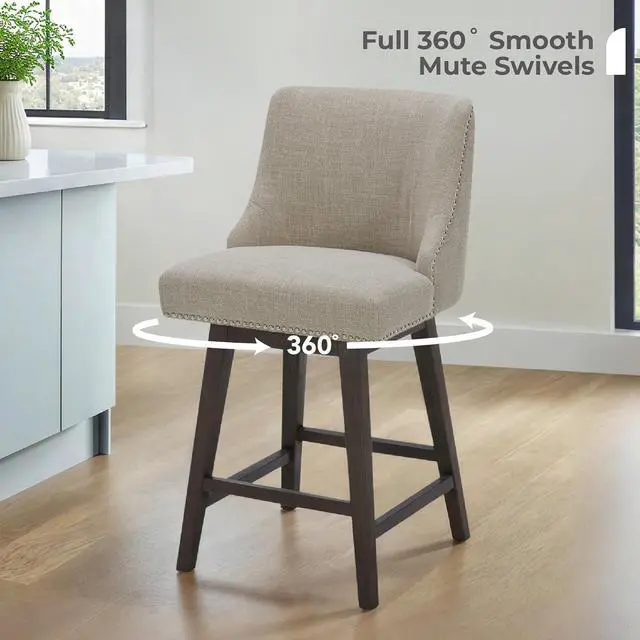 Alt view image 4 of 7 - CHITA Counter Height Swivel Bar Stools Set of 2, FSC Certified Upholstered Counter Stools, Modern Swivel Barstools with Wood Legs for Kitchen Island, 26" Seat Height, Fabric in Tan
