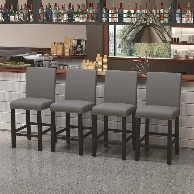 Alt view image 3 of 7 - DAGONHIL 24 inch Bar Stools Set of 4, Counter Height Bar Stools with Backs, Nail Head Barstools with Wood Legs, Upholstered Kitchen Island Chairs, Gray