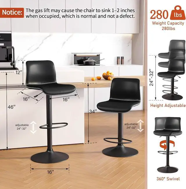Alt view image 2 of 6 - HeuGah Swivel Bar Stools Set of 2, Adjustable Counter Height Barstools with Back, Black Faux Leather Bar Chairs for Kitchen Island (Black, Set of 2 (24'' to 32''))