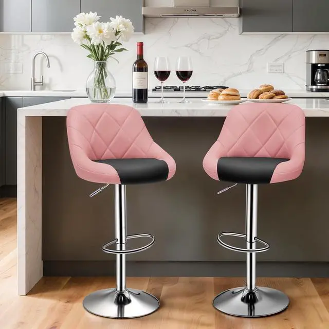 Alt view image 2 of 7 - Magshion Faux Leather Bar Stools Adjustable 360 Degree Swivel Backrest Footrest Barstool Set of 4, Pink/Black