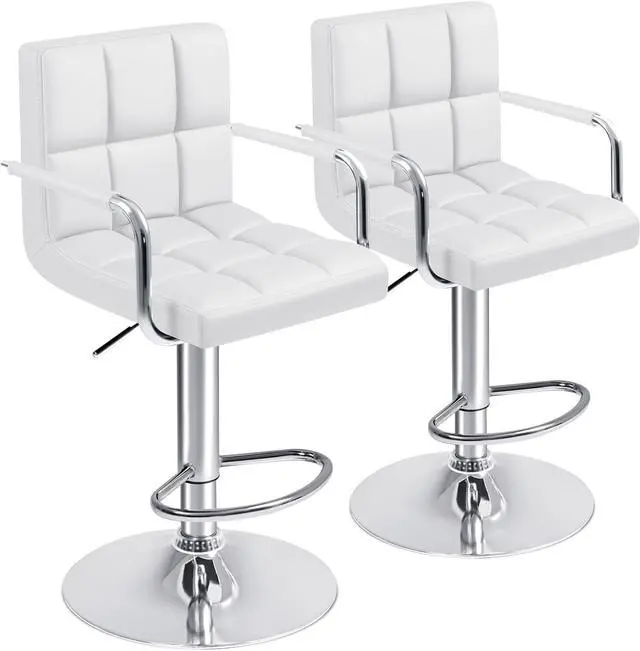 Main image of Furmax Bar Stools with Armrest Modern PU Leather Swivel Adjustable Hydraulic Bar Stool X-Large Base and Seat Square Counter Height Stool Set of 2 (White)