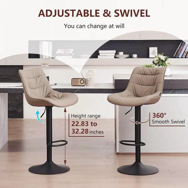 Alt view image 6 of 7 - Kidol & Shellder Bar Stools Set of 2 Adjustable Swivel Khaki, PU Leather Upholstered with Back, Modern Counter Height Stools for Kitchen Island, Home Bar