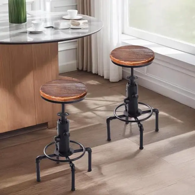 Alt view image 2 of 7 - Vintage Industrial Bar Stools,Kitchen Counter Bar Stool Height Adjustable 23.6"-29.5" Swivel Bar Stool, Solid Wood Water Pipe Fire Cafe Pub Bar Stool,Set of 2, Black