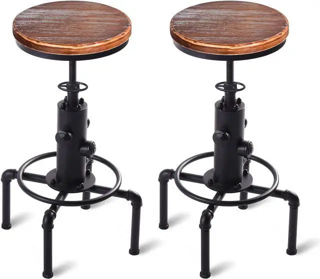 Alt view image 4 of 7 - Vintage Industrial Bar Stools,Kitchen Counter Bar Stool Height Adjustable 23.6"-29.5" Swivel Bar Stool, Solid Wood Water Pipe Fire Cafe Pub Bar Stool,Set of 2, Black