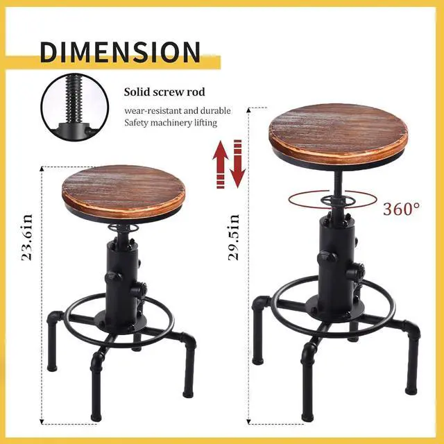 Alt view image 3 of 7 - Vintage Industrial Bar Stools,Kitchen Counter Bar Stool Height Adjustable 23.6"-29.5" Swivel Bar Stool, Solid Wood Water Pipe Fire Cafe Pub Bar Stool,Set of 2, Black