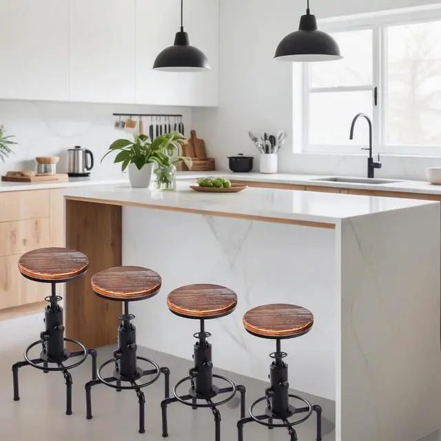 Alt view image 5 of 7 - Vintage Industrial Bar Stools,Kitchen Counter Bar Stool Height Adjustable 23.6"-29.5" Swivel Bar Stool, Solid Wood Water Pipe Fire Cafe Pub Bar Stool,Set of 2, Black