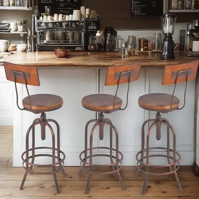 Main image of Set of 2-Industrial Bar Stools-Swivel Wooden Seat-Bar Counter Height Adjustable 26-32.2inch-Kitchen Dining Chairs