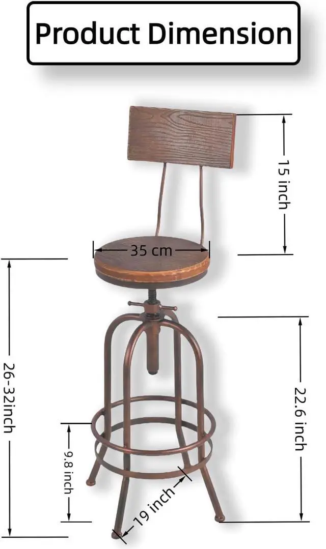 Alt view image 2 of 7 - Set of 2-Industrial Bar Stools-Swivel Wooden Seat-Bar Counter Height Adjustable 26-32.2inch-Kitchen Dining Chairs