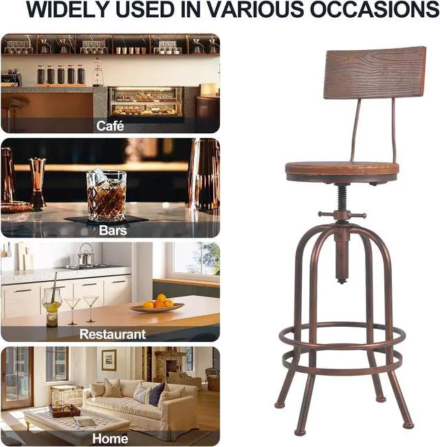 Alt view image 5 of 7 - Set of 2-Industrial Bar Stools-Swivel Wooden Seat-Bar Counter Height Adjustable 26-32.2inch-Kitchen Dining Chairs