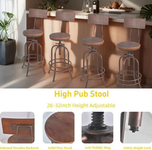 Alt view image 6 of 7 - Set of 2-Industrial Bar Stools-Swivel Wooden Seat-Bar Counter Height Adjustable 26-32.2inch-Kitchen Dining Chairs