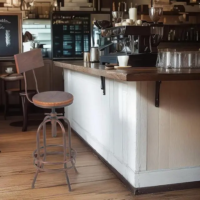 Alt view image 7 of 7 - Set of 2-Industrial Bar Stools-Swivel Wooden Seat-Bar Counter Height Adjustable 26-32.2inch-Kitchen Dining Chairs