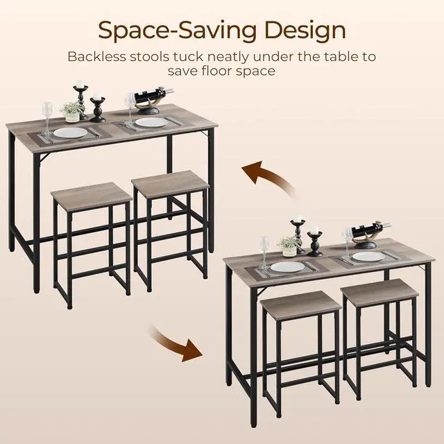 Alt view image 6 of 7 - Yaheetech 3 Piece Dining Table Set, 47.5" Industrial Pub Table Set, Counter Height Kitchen Table with Bar Stools Set of 2, for Small Space, Apartment