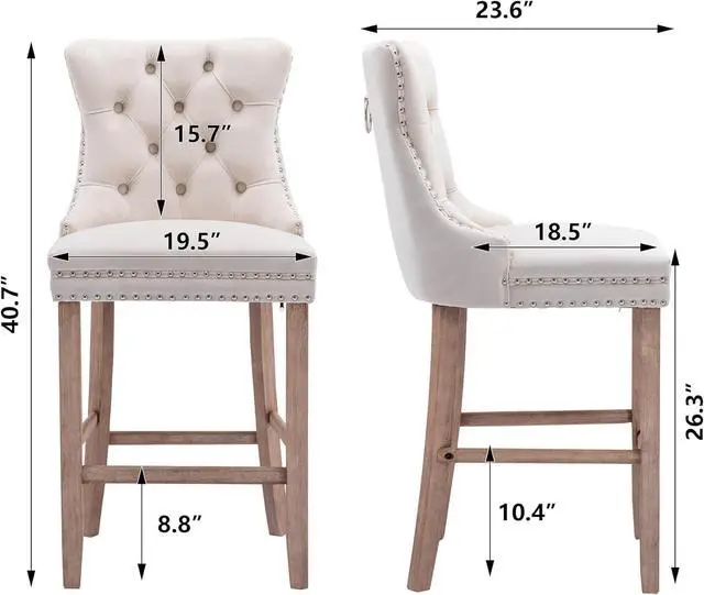 Alt view image 3 of 5 - Aoowow Velvet Upholstered Counter Height Bar Stools Set of 2, Counterstool Seat Height 26.3", Wingback Armless Bar Chairs Button Tufted with Solid Wood Legs for Kitchen Island Bar Area(Beige)
