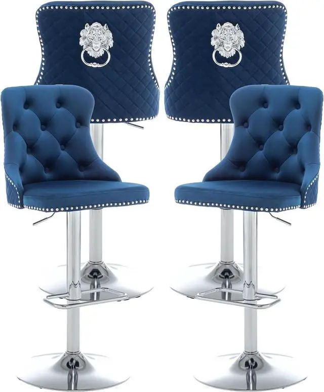 Main image of Velvet Bar Stools Set of 4, Counter Height Barstools with Nailheads Trim, Pull Ring, Swivel Bar Stools for Kitchen Island, Bar Pub (Blue)