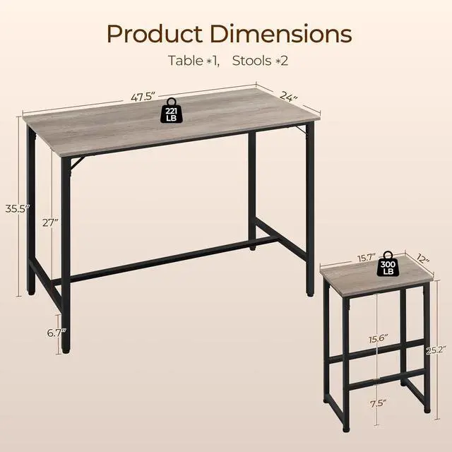 Alt view image 3 of 7 - Yaheetech 3 Piece Dining Table Set, 47.5" Industrial Pub Table Set, Counter Height Kitchen Table with Bar Stools Set of 2, for Small Space, Apartment