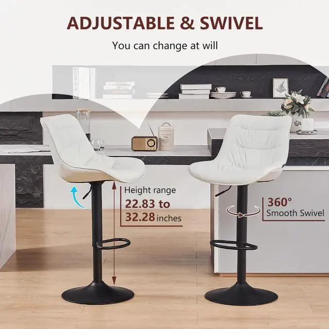 Alt view image 6 of 7 - Kidol & Shellder Bar Stools Set of 2 Adjustable Swivel White, PU Leather Upholstered with Back, Modern Counter Height Stools for Kitchen Island, Home Bar