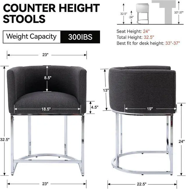 Alt view image 2 of 7 - Contemporary Charcoal Linen Bar Stools Set of 3, 24" Upholstered Fabric Counter Height Barstools Kitchen Counter Island Stools with Screwed Together Chrome Finish Base