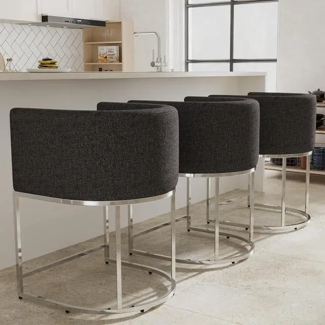 Main image of Contemporary Charcoal Linen Bar Stools Set of 3, 24" Upholstered Fabric Counter Height Barstools Kitchen Counter Island Stools with Screwed Together Chrome Finish Base