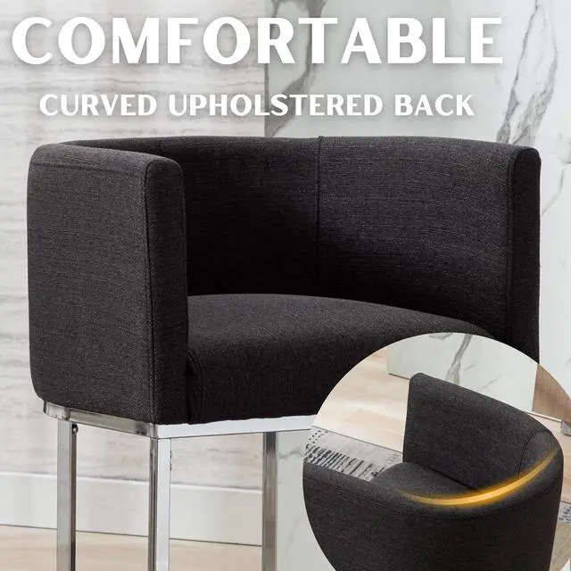 Alt view image 4 of 7 - Contemporary Charcoal Linen Bar Stools Set of 3, 24" Upholstered Fabric Counter Height Barstools Kitchen Counter Island Stools with Screwed Together Chrome Finish Base