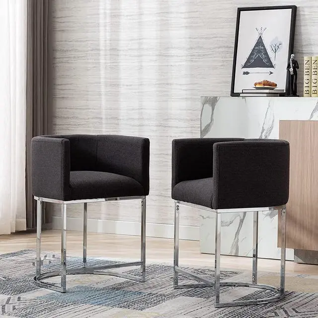Alt view image 7 of 7 - Contemporary Charcoal Linen Bar Stools Set of 3, 24" Upholstered Fabric Counter Height Barstools Kitchen Counter Island Stools with Screwed Together Chrome Finish Base